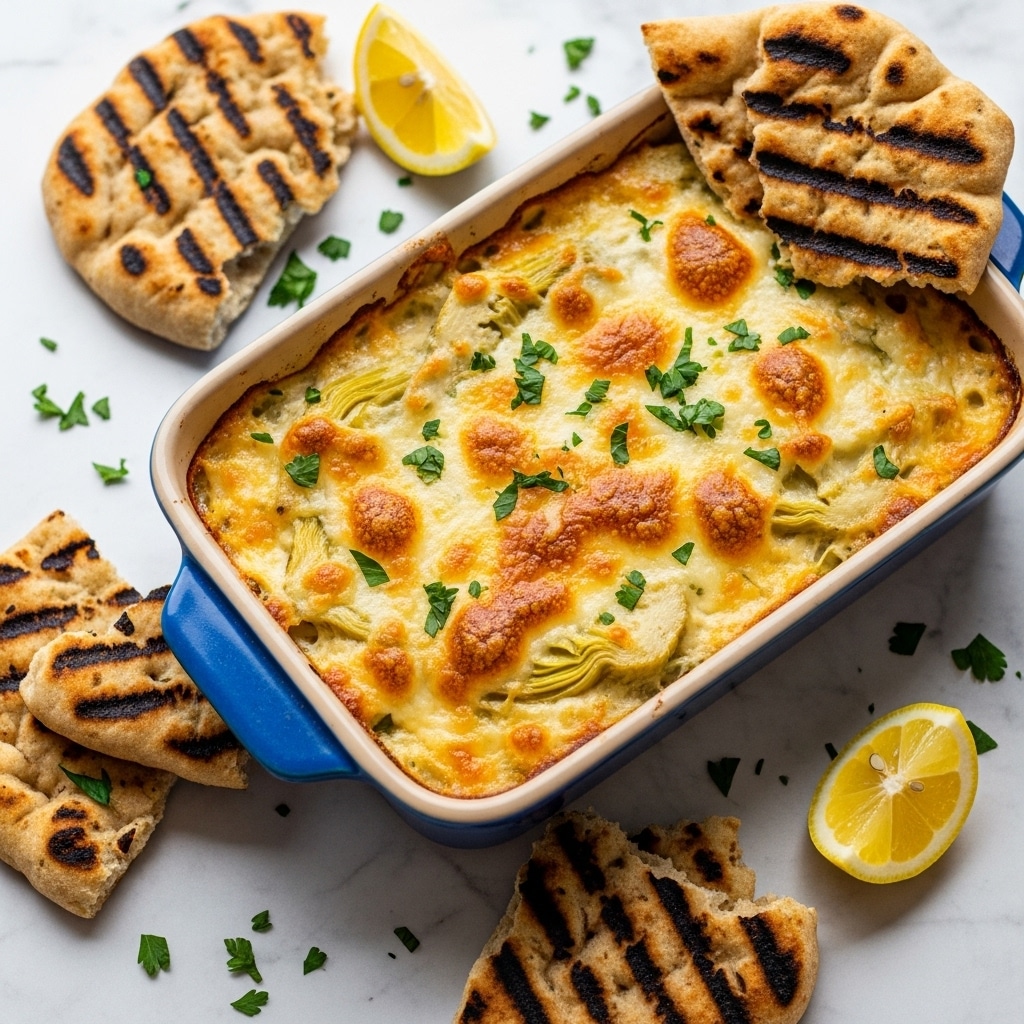 The image shows a small blue pot filled with a golden brown baked dish topped with melted cheese, small green chive pieces, and visible artichoke hearts. The dish has a slightly crispy and bubbly texture on top, with some red spots of roasted ingredients. Around the pot on a white marbled surface, there are several pieces of toasted flatbread with charred spots and lemon wedges placed randomly for garnish, adding yellow and light textures to the scene. photo taken with an iphone --ar 4:5 --v 7