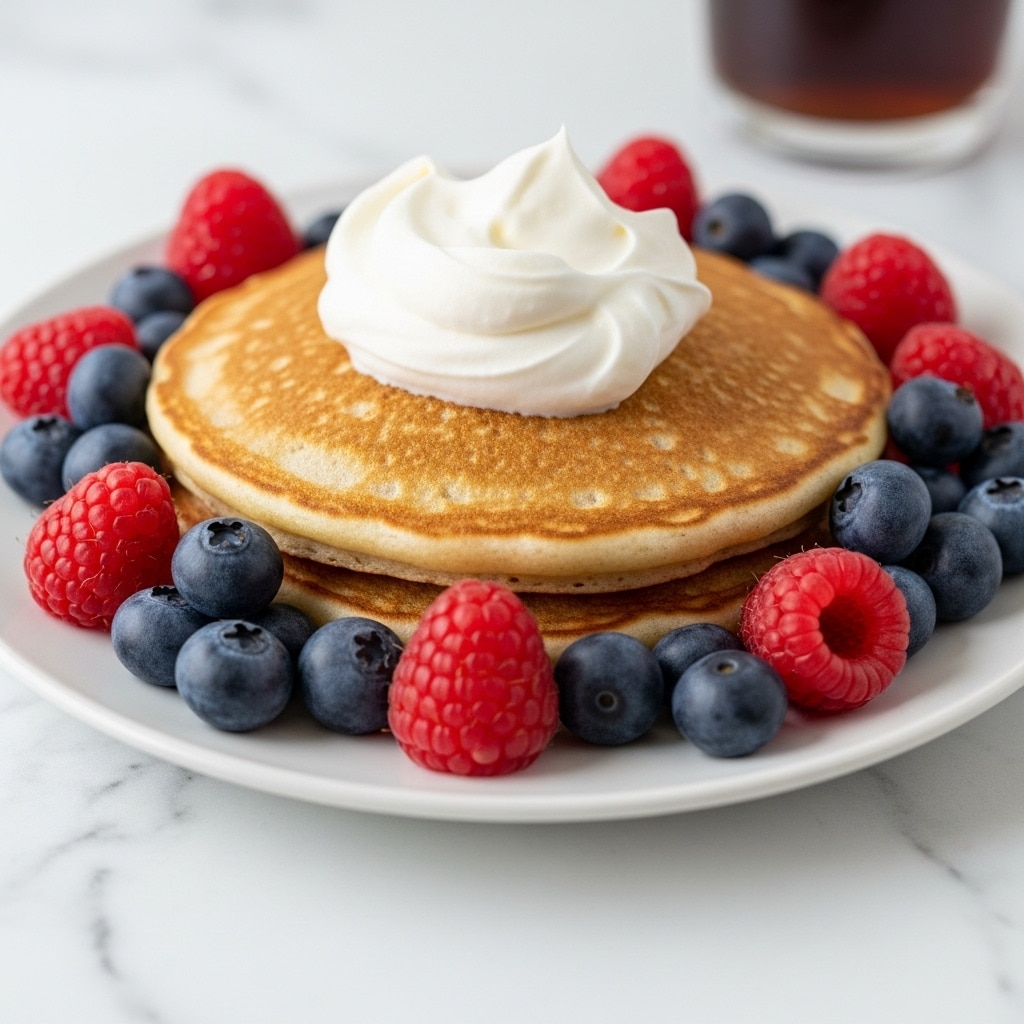 The image shows a white plate with three stacked brown pancakes that have a slightly textured surface with small air bubbles. On top of the pancakes, there is a dollop of white whipped cream in the center. Blueberries and red raspberries are scattered around the pancakes, with three blueberries placed on the top pancake and a mix of raspberries and blueberries resting on and around the stack. The plate is placed on a white marbled surface, and in the background, a fork and a glass with a dark drink are slightly visible. photo taken with an iphone --ar 4:5 --v 7