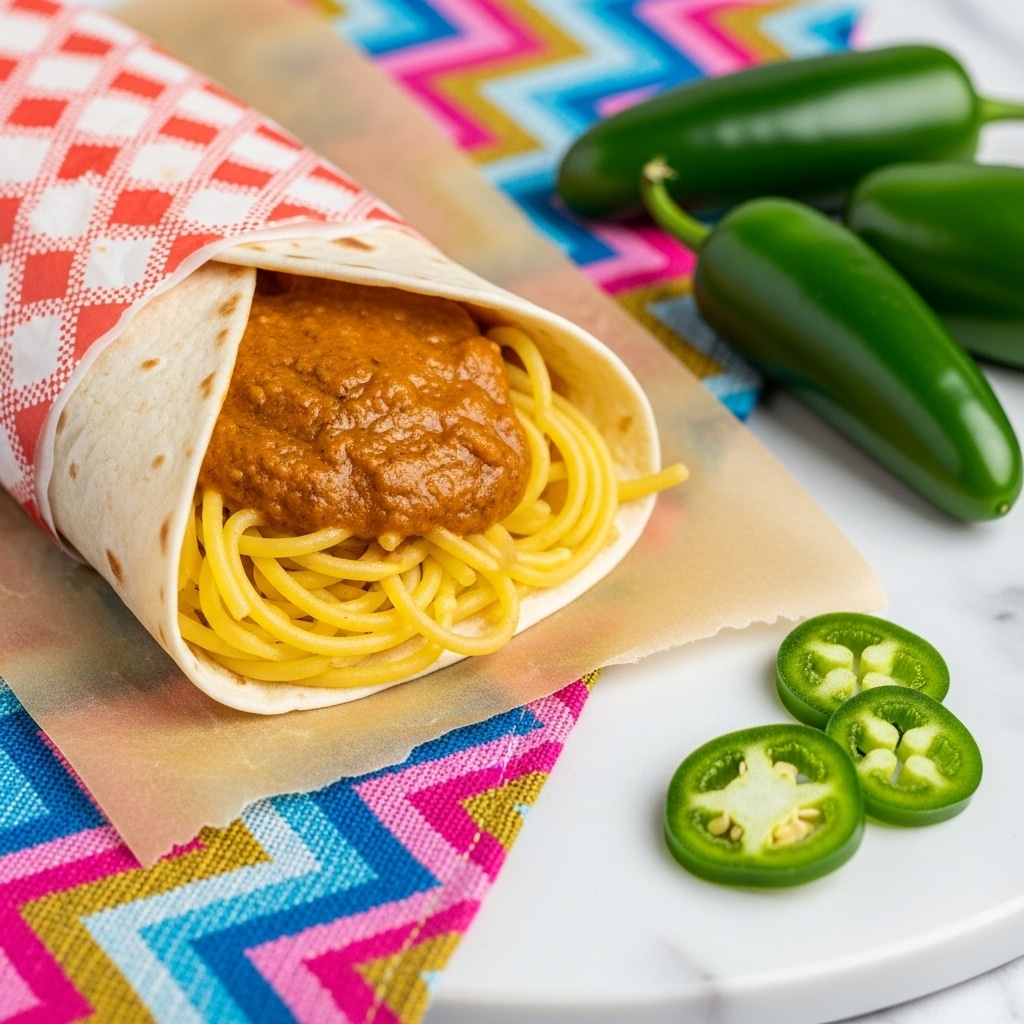 The image shows a burrito wrapped halfway in a red and white checkered paper resting on brown paper on a white marbled surface. The burrito has three visible layers inside: a soft, light beige tortilla on the outside, a thick reddish-brown meat sauce filling in the middle, and bright yellow shredded cheese at the bottom near the opening. To the right of the burrito, there are whole and sliced green jalapeño peppers scattered on the brown paper. The colorful zigzag cloth under the brown paper adds contrast to the scene. Photo taken with an iphone --ar 4:5 --v 7