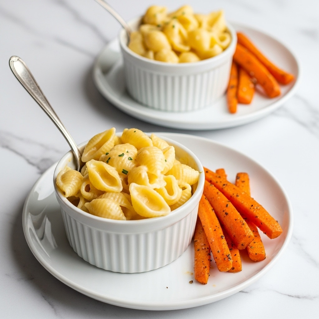 The image shows two servings of creamy macaroni and cheese in white ramekins. Each ramekin is placed on a white plate, and next to the macaroni are three cooked baby carrots with a glossy finish. The front serving is on a pale blue plate, with a spoon inside the macaroni. The background surface is a white marbled texture, giving a clean look. The lighting highlights the smooth texture of the cheese sauce and the slight shine on the carrots. Photo taken with an iphone --ar 4:5 --v 7