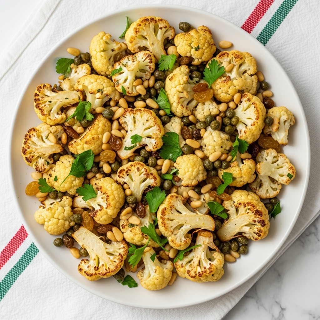 A white plate filled with roasted cauliflower pieces, each piece showing a light golden brown on the edges from cooking. Mixed within the cauliflower are small green herb leaves, toasted pine nuts, capers, and light brown raisins, giving the dish a mix of green, beige, and golden hues. The texture looks slightly crispy on the cauliflower edges while the pine nuts add a crunchy element. The plate is set on a white cloth with red and green stripes, all on a white marbled surface. photo taken with an iphone --ar 4:5 --v 7