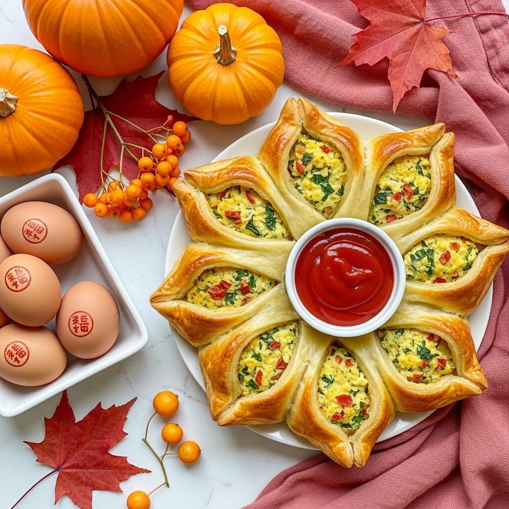 A golden brown puff pastry ring shaped like a flower with eight triangular petals, each petal folded over a scrambled egg and vegetable filling showing green herbs and bits of red, placed on a white marbled surface. In the center of the ring is a small white bowl filled with smooth, bright red ketchup. Around the dish are three brown eggs in a white bowl at the top left, and autumn decorations including a small pumpkin, orange berries, red leaves, and a textured pink cloth are placed on the sides. Photo taken with an iphone --ar 4:5 --v 7