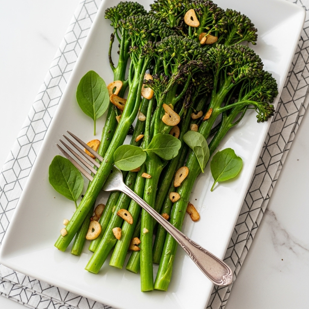 The dish shows a white rectangular plate with a small bunch of cooked broccolini. The broccolini stems are long and bright green, while the tops are darker green with a slightly crispy texture. Small bits of golden brown garlic or seasoning are sprinkled on top, adding texture and color contrast. A silver fork is placed under the broccolini on the plate. The plate rests on a white cloth with thin green stripes, all set on a white marbled surface. Photo taken with an iphone --ar 4:5 --v 7