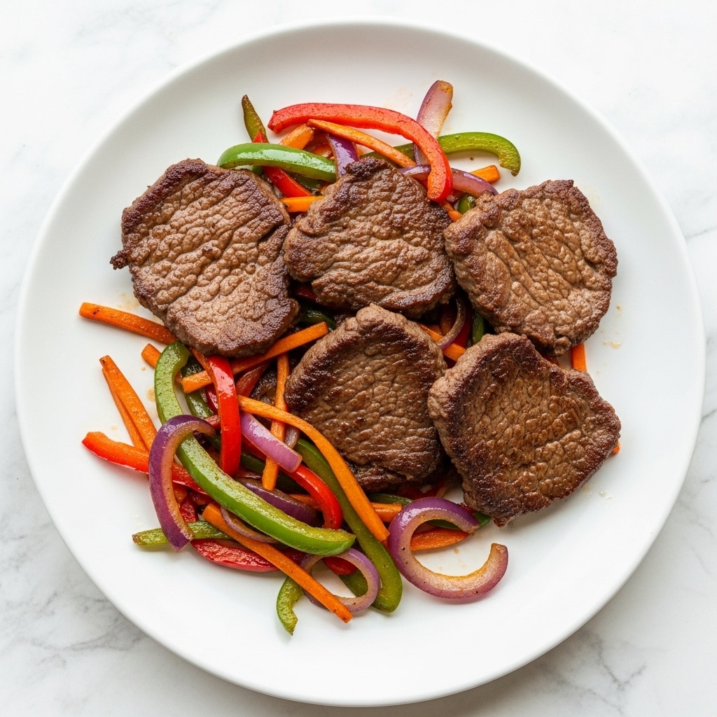 A white plate with a dish of four flat, dark brown pieces of cooked meat layered on top of each other, surrounded and topped with thin strips of sautéed red, green, and orange bell peppers, along with cooked slices of purple onion and some light brown onions. The vegetables add bright colors and a glossy texture to the dish, which is placed on a white marbled surface. photo taken with an iphone --ar 4:5 --v 7