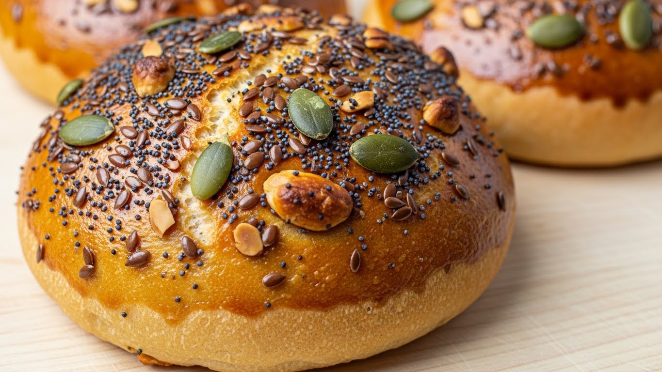 A close-up view of a golden brown bread roll with a slightly rough crust covered in various seeds including black poppy seeds, light brown flaxseeds, and green pumpkin seeds, along with some walnut pieces scattered on top. The bread has a chewy texture with an uneven surface and is placed on a wooden board that is mostly out of focus, showing another similar bread roll blurred in the background. The light shines softly, highlighting the shiny and textured crust of the bread. photo taken with an iphone --ar 4:5 --v 7