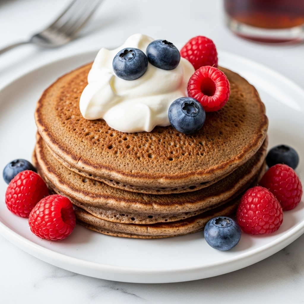 The image shows a white plate with two light brown pancakes stacked slightly overlapping. On top of the pancakes is a dollop of white whipped cream in the center. Around the pancakes are fresh blueberries and raspberries, with the blueberries being deep blue with a smooth texture and the raspberries bright red and bumpy. The plate sits on a white marbled surface, and in the background, a glass of dark liquid is partially visible. photo taken with an iphone --ar 4:5 --v 7