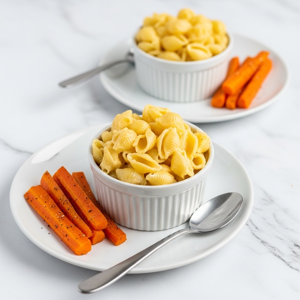 The image shows two servings of macaroni and cheese with cooked carrot sticks on the side. Each serving is in a small white ramekin filled with creamy, pale yellow macaroni pasta shaped like shells. The ramekin sits on a round white plate next to 3-4 carrot sticks that are cooked and slightly glossy with a light seasoning. The front plate has a silver spoon dipped into the macaroni, and the arrangement rests on a white marbled surface that looks like wood but with a white marble texture. Photo taken with an iphone --ar 4:5 --v 7