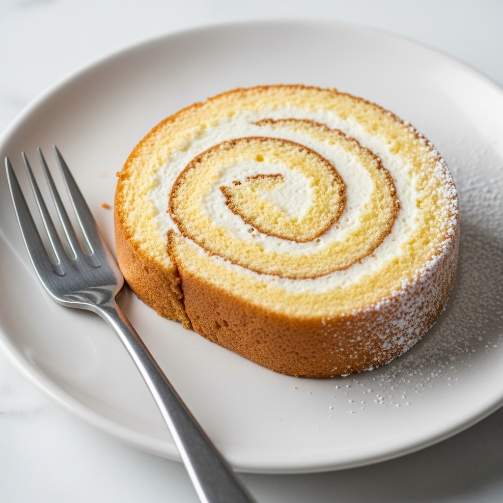 A single slice of cake roll sits centered on a white plate with a silver fork resting diagonally next to it. The cake roll has two visible layers: the outer layer is a light brown, textured sponge, and inside it swirls a smooth white cream, creating a spiral pattern from the center outward. The sides of the cake are slightly crumbly with small bits of powdered sugar dusted on the edges. The scene is set on a surface with a white marbled texture. photo taken with an iphone --ar 4:5 --v 7