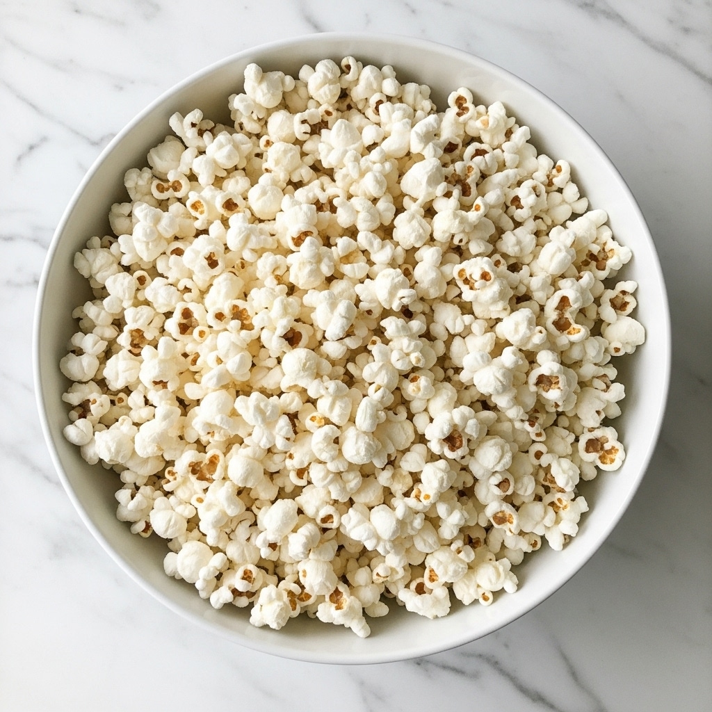 A large white bowl filled to the top with fresh, fluffy white popcorn with small brown spots from the kernels scattered throughout, the popcorn has a light, airy texture and the bowl sits on a white marbled surface. photo taken with an iphone --ar 4:5 --v 7