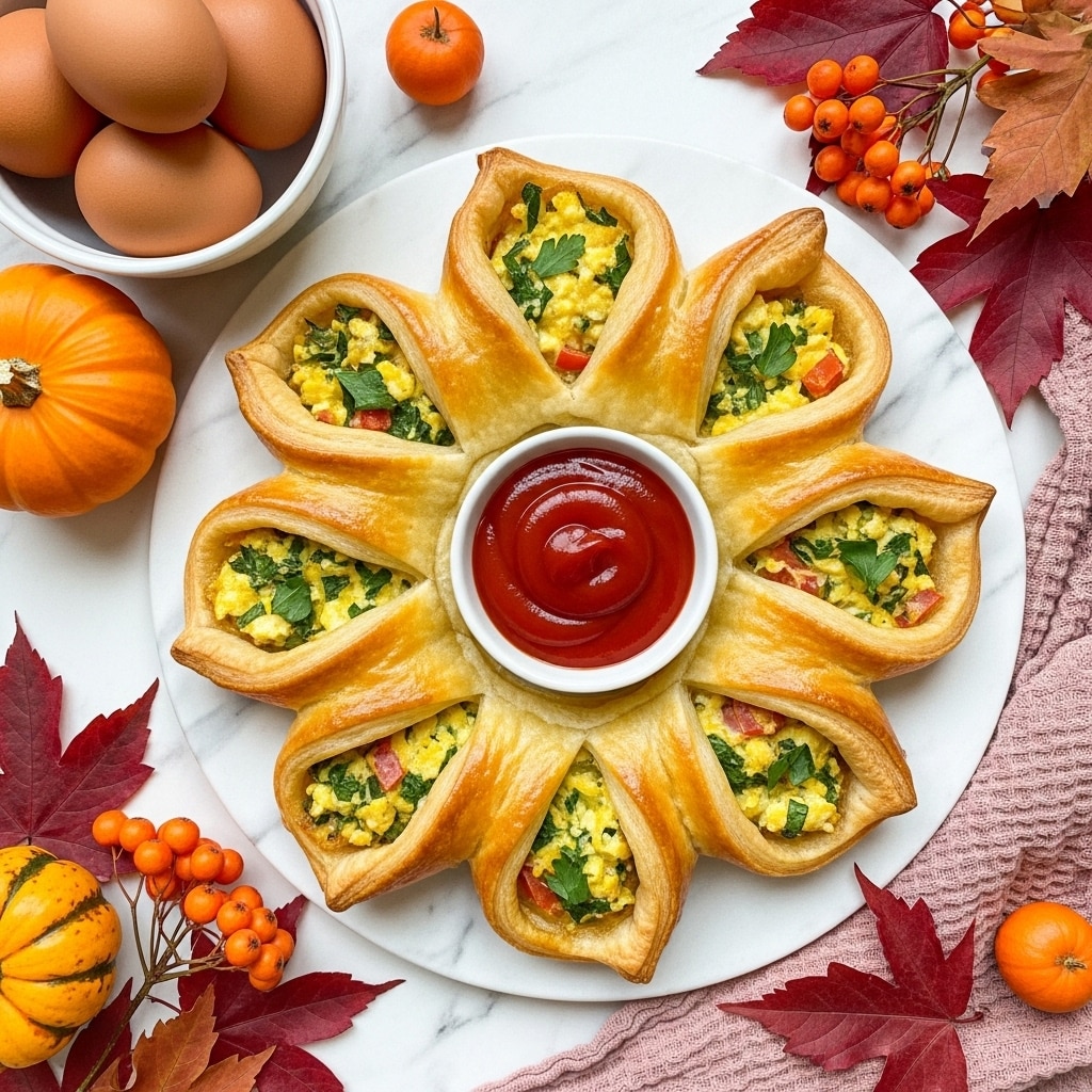 The image shows a round savory pastry shaped like a flower with eight golden-brown puff pastry petals, each petal folded to reveal a textured filling inside that looks like scrambled eggs mixed with green herbs and small bits of red. In the center of the flower-shaped pastry, there is a small white bowl filled with bright red ketchup. The pastry sits on a white marbled surface. To the left of the pastry, there is a white square dish holding three brown eggs with red stamps on them. Around the dish and pastry, there are autumn decorations including two pumpkins, yellow-orange berries, a red maple leaf, and a reddish-pink cloth draped partially under the pastry and the pumpkins. The lighting is bright and natural, giving the pastry a warm and appealing look. photo taken with an iphone --ar 4:5 --v 7
