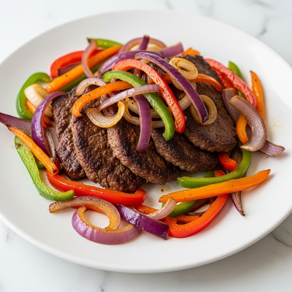 A white plate sits on a white marbled surface, holding four irregularly shaped, brown, cooked slices of meat stacked slightly on top of each other. Mixed among and under the slices are thin strips of vegetables including red bell peppers, green bell peppers, orange carrot, and purple onions, all sautéed with a glossy, slightly oily texture. The colors of the vegetables add bright reds, greens, oranges, and purples contrasting with the dark brown meat. photo taken with an iphone --ar 4:5 --v 7