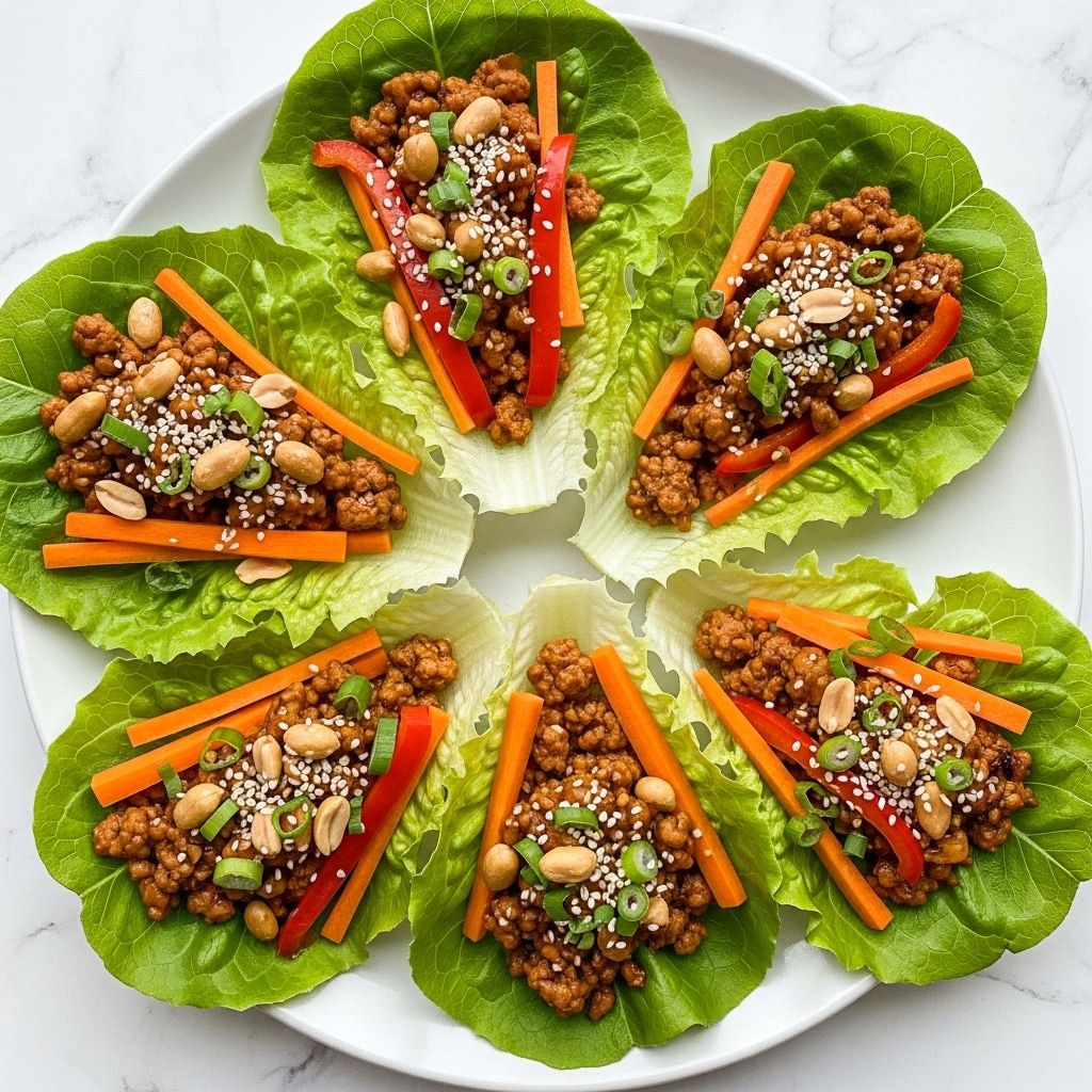 Five lettuce cups are placed on a large white plate, each cup formed by bright green, crinkled lettuce leaves as the base layer. Inside each cup, the filling layer consists of small, browned ground meat mixed with thin orange carrot strips and small red bell pepper pieces, giving a mix of colors and textures. The filling is topped with scattered green sliced scallions, crunchy peanuts, and white sesame seeds sprinkled evenly over all cups. The entire plate sits on a white marbled surface with a soft cloth nearby. Photo taken with an iphone --ar 4:5 --v 7