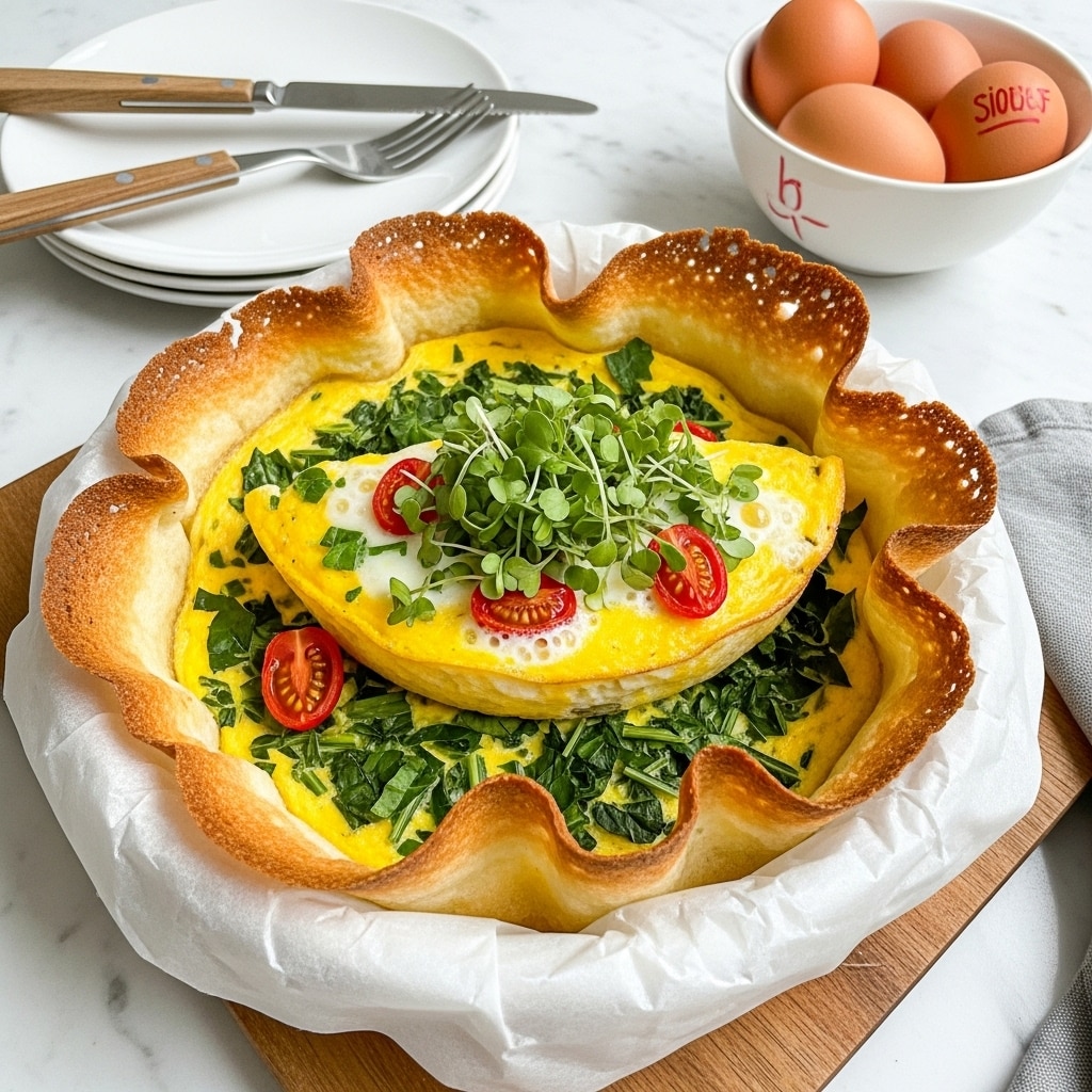 A baked egg dish is shown inside a golden-brown crispy tortilla shell shaped like a bowl, lined with parchment paper on a wooden board with a visible handle. The egg layer is bright yellow with melted cheese and scattered green leafy spinach and microgreens on top, along with halved red cherry tomatoes. Next to it on a white marbled surface are a white plate with a fork and a black bowl holding three brown eggs with red stamps. A knife lies on the wooden board near the egg dish. Photo taken with an iphone --ar 4:5 --v 7