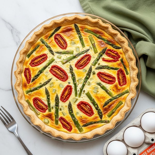 A round quiche with a golden-brown crust sits in a clear glass pie dish. Inside, the filling has three main visible layers: the bottom layer is a light yellow egg mixture, the middle layer is scattered green asparagus pieces, and the top layer shows cooked bits of red tomatoes and melted cheese, all evenly spread. The texture looks soft and slightly crispy on the edges with a mix of smooth and chunky bits in the filling. The quiche is placed on a white marbled surface, next to a fork with a white napkin on the left, a green cloth napkin on the right, and a carton of eggs partially visible near the bottom right. Photo taken with an iphone --ar 4:5 --v 7