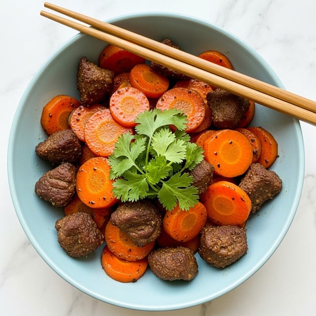 A close-up view of a dish in a white bowl filled with thick, round slices of cooked orange carrots, and chunky pieces of dark brown meat, all seasoned with visible black pepper. On top, there is a small bunch of fresh green cilantro leaves adding color contrast. In the background, on a white marbled surface, there is a pair of brown wooden chopsticks resting, slightly out of focus. photo taken with an iphone --ar 4:5 --v 7