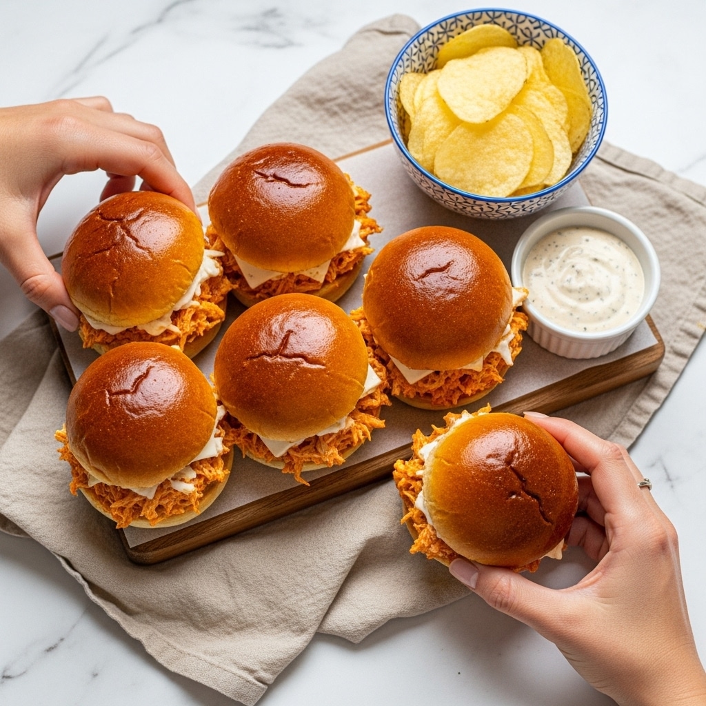 A set of six chicken sliders with soft, shiny dark brown buns arranged in two rows of three on a wooden board sits on a beige cloth over a white marbled surface. Each slider has a thick layer of orange shredded chicken filling visible between the top and bottom halves of the bun. A woman’s left hand is holding the top left slider while a woman’s right hand is holding the bottom right slider. To the top right of the board, a white bowl with a blue pattern is filled with pale yellow potato chips. Below it, a small white bowl contains a creamy, speckled white sauce. photo taken with an iphone --ar 4:5 --v 7