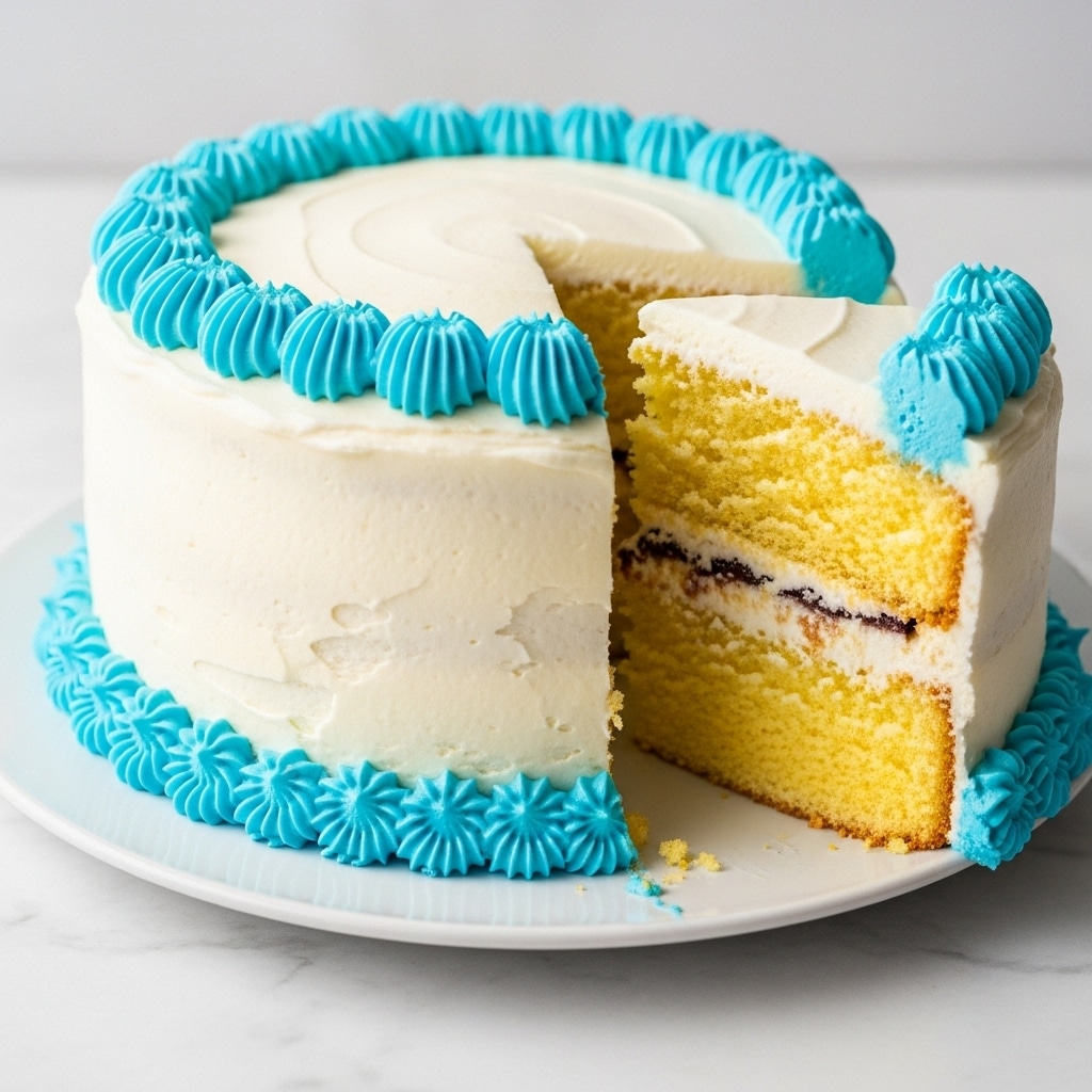 A two-layer yellow cake with a visible texture of soft crumbs is covered in smooth white frosting on the outside and between the layers. Each layer is separated by a thin spread of white frosting and a darker brown filling that looks like jam or caramel. The top and bottom edges of the cake are decorated with light blue piped frosting in a shell pattern, and the cake sits on a shiny silver round plate placed on a white marbled surface. A wedge-shaped slice is removed from the side, showing all the details inside. Photo taken with an iphone --ar 4:5 --v 7