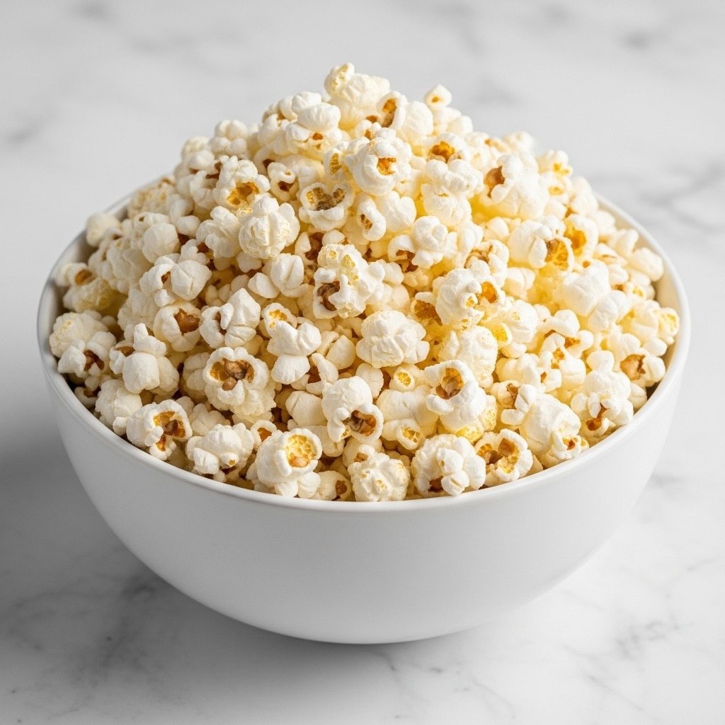 A large white bowl filled to the top with freshly popped popcorn. The popcorn is fluffy and white with some pieces showing light brown spots from popping. The bowl has a smooth texture and a clean round shape. The background is a white marbled surface. photo taken with an iphone --ar 4:5 --v 7