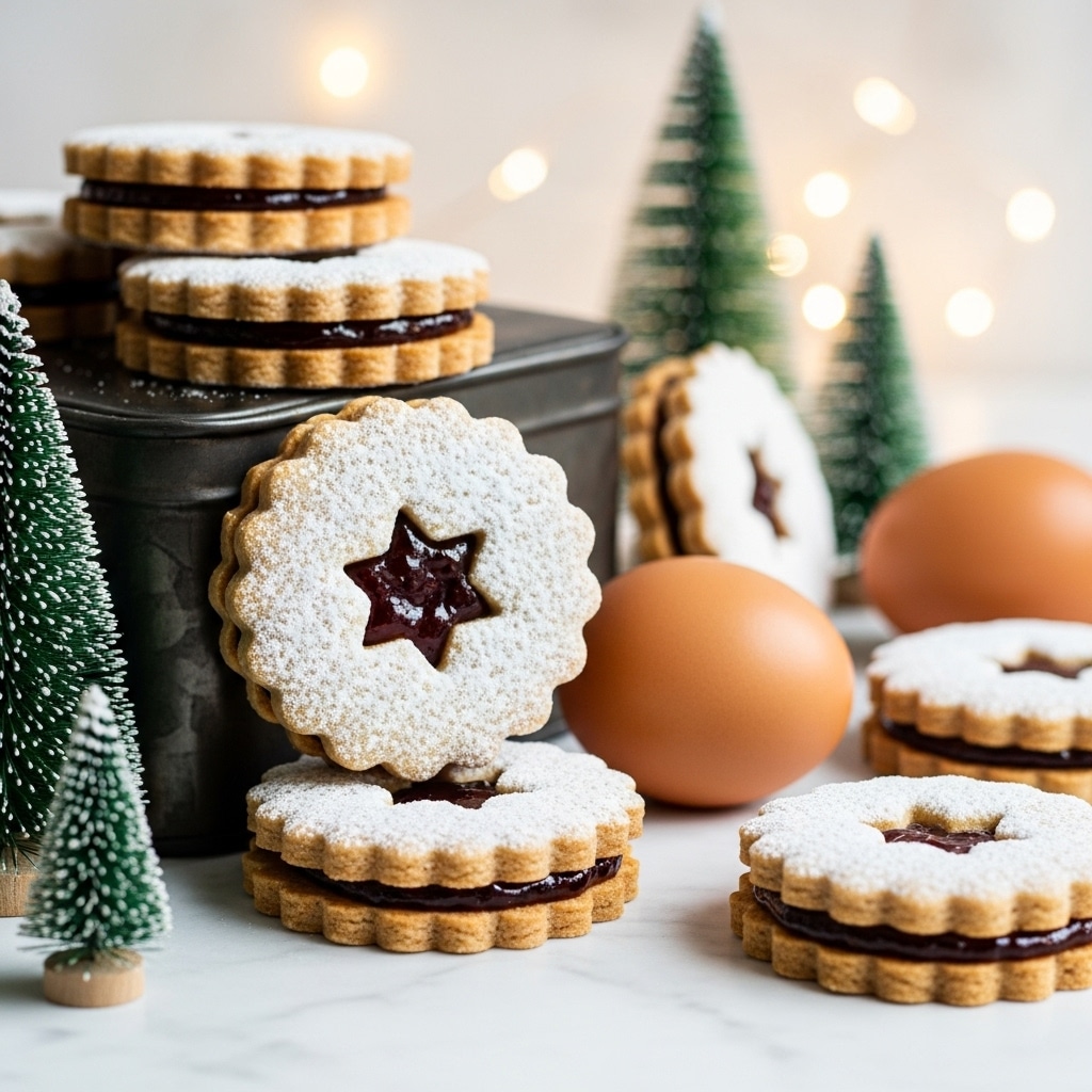 The image shows several round sandwich cookies with scalloped edges, each having two cookies with a dark jam filling layer in the middle, dusted lightly with powdered sugar on top. Some cookies are stacked in a pile, while others stand upright or lean against each other, showing the star-shaped cutout in the top cookie that reveals the dark jam inside. The cookies are arranged on and around a dark metal container on a white marbled surface, surrounded by small decorative trees in shades of green and gray and two whole brown eggs in the foreground. The background is blurred with festive lights and silver holiday decorations. Photo taken with an iphone --ar 4:5 --v 7
