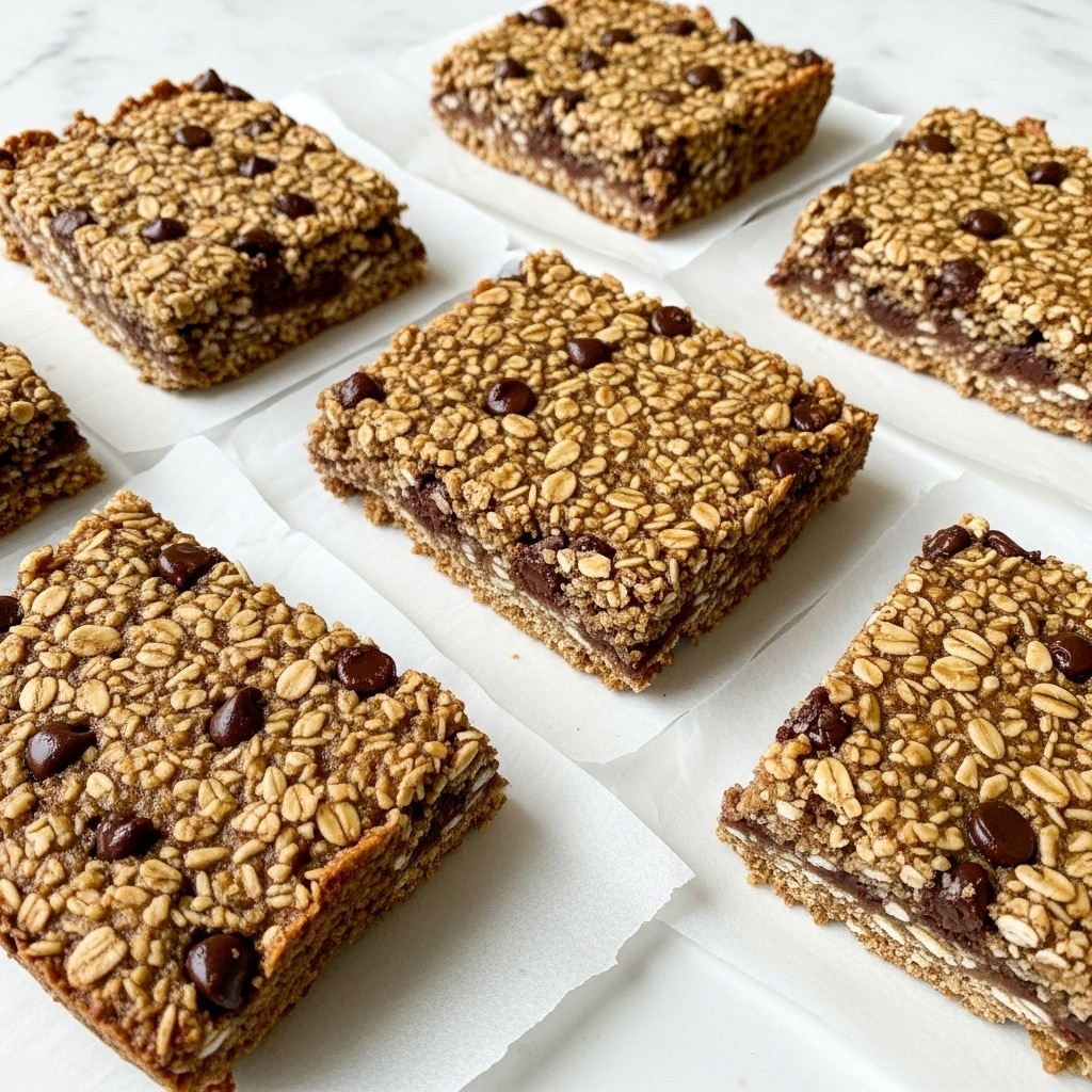 There are seven rectangular oat bars laid out on a white marbled surface. Each bar is made up of a dense top layer of golden oats mixed with dark chocolate chips scattered throughout, giving a slightly uneven texture. The bars have a thickness showing a single, firm layer, with a sticky, chewy appearance held together by a light brown binding ingredient. The edges of the bars are slightly rough, and a few small oat crumbs are spread lightly around them. Photo taken with an iphone --ar 4:5 --v 7