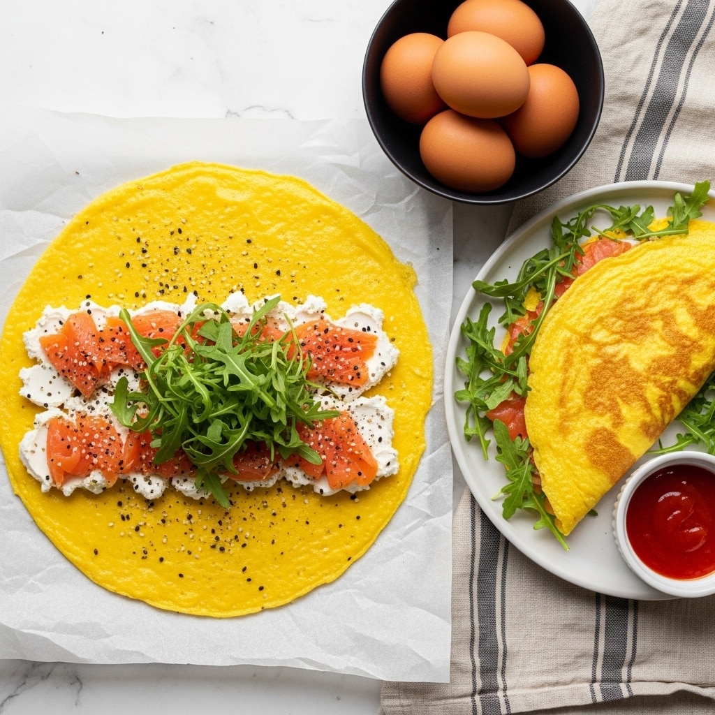 A round thin yellow omelette is laid flat on a sheet of transparent wax paper on a wooden board, topped with a layer of creamy white cheese spread, several slices of bright pink smoked salmon placed in a neat row, garnished with fresh green arugula leaves and sprinkled with black and white sesame seeds and ground black pepper mainly in the center. To the right, a folded yellow omelette on a white plate shows a peek of salmon and arugula inside, accompanied by a small white bowl filled with bright red sauce and fresh arugula on the plate. Above, a black bowl holds four brown eggs. The whole scene is set on a white marbled surface with a black and white striped napkin partially visible at the bottom. photo taken with an iphone --ar 4:5 --v 7