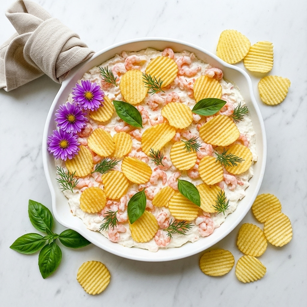 The dish is served in a white round skillet with a handle wrapped in a beige cloth, sitting on a white marbled surface. The top layer is creamy and white, mixed with small pink shrimp scattered evenly around. Over the creamy base, there are many golden-yellow ridged potato chips spread across, some slightly broken, giving a crunchy look. Small fresh green basil leaves and dill sprigs add a touch of color, along with three purple flower clusters placed on one side near the skillet edge. Around the skillet on the surface, there are a few loose potato chips and a single green basil leaf. Photo taken with an iphone --ar 4:5 --v 7