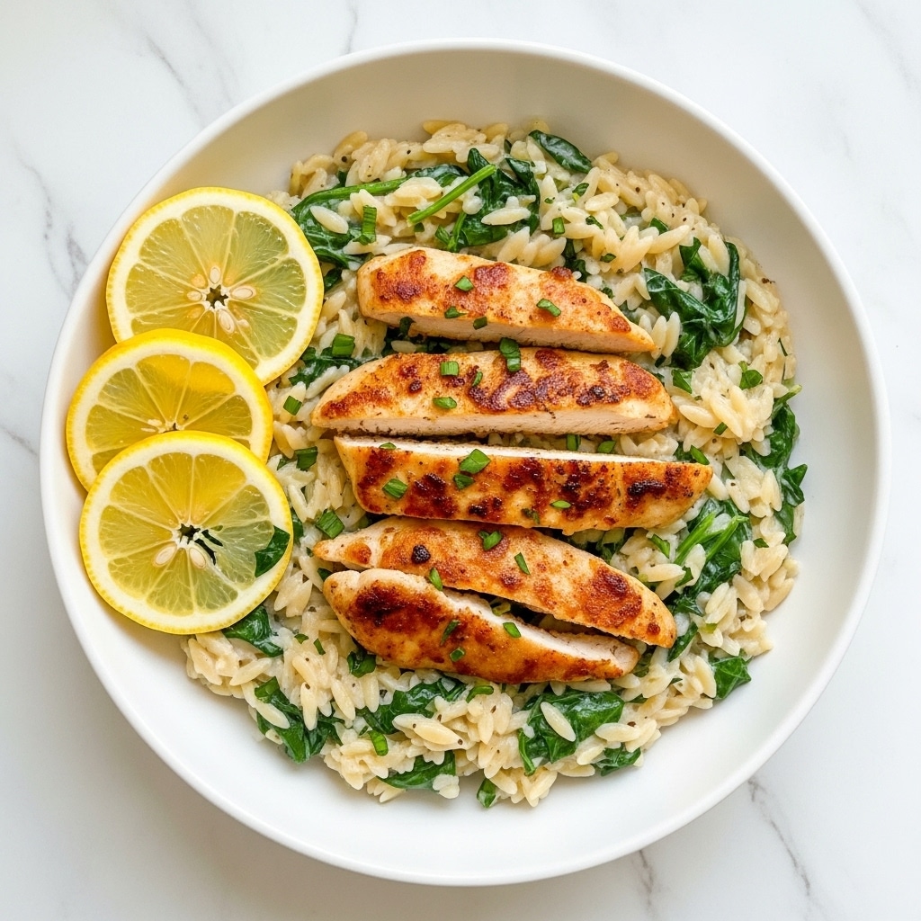 A white bowl filled with creamy pasta layered with browned grilled chicken strips scattered on top and mixed with dark green spinach leaves. The creamy sauce makes the pasta look soft and smooth, with herbs sprinkled lightly over the chicken and pasta. On the left side of the bowl, there are three bright yellow lemon slices placed neatly. The bowl rests on a white marbled surface with some green parsley visible on the side and a white cloth napkin partly in view. Photo taken with an iphone --ar 4:5 --v 7