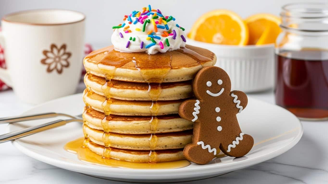 A stack of six golden brown pancakes sits in the center of a white speckled plate on a white marbled texture, with syrup dripping down the sides of the pancakes. On top, there is a swirl of white whipped cream topped with colorful rainbow sprinkles. Leaning on the left side of the stack is a brown gingerbread-shaped cookie with a smiling face. In the background, on the right side, there is a white bowl with a black rim filled with bright orange fruit slices, and a small glass container of syrup is placed to the lower right of the plate. A knife and fork rest on the white marbled texture to the left of the plate. photo taken with an iphone --ar 4:5 --v 7