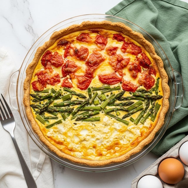 A round quiche with a golden-brown crust forms the base, filled with a creamy mixture of eggs set with visible green asparagus pieces evenly spread throughout. Bright red sun-dried tomato slices are scattered within the filling, adding pops of color among the vibrant green vegetables. The filling has a slightly glossy texture, indicating it is freshly baked, and the crust has a firm and flaky appearance with crimped edges. The quiche is placed in a clear glass pie dish on a white marbled surface, with a fork to the side and a green cloth napkin in the top right corner. A visible carton of free-range eggs lies at the bottom right, partially in the frame. Photo taken with an iphone --ar 4:5 --v 7