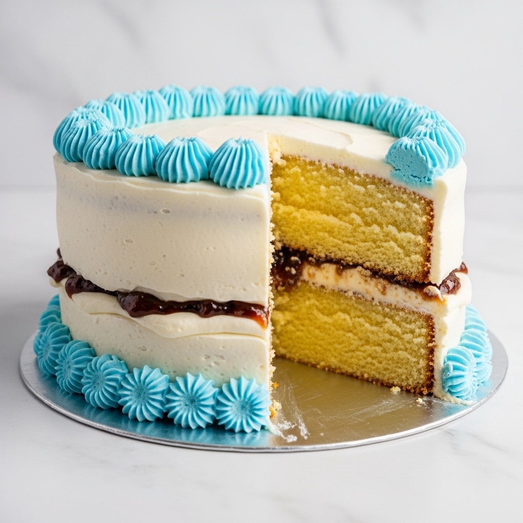 A two-layer yellow cake sits on a white plate, with a thick layer of white cream frosting covering the entire cake. A bright light blue cream decoration borders the top and bottom edges of the cake, with a shell-like pattern. One slice is cut, showing the soft, moist yellow cake layers separated by a thin layer of white cream and a thin layer of darker filling in the middle. The cake sits on a white marbled surface, with some crumbs and cream visible around the cut area. Photo taken with an iphone --ar 4:5 --v 7