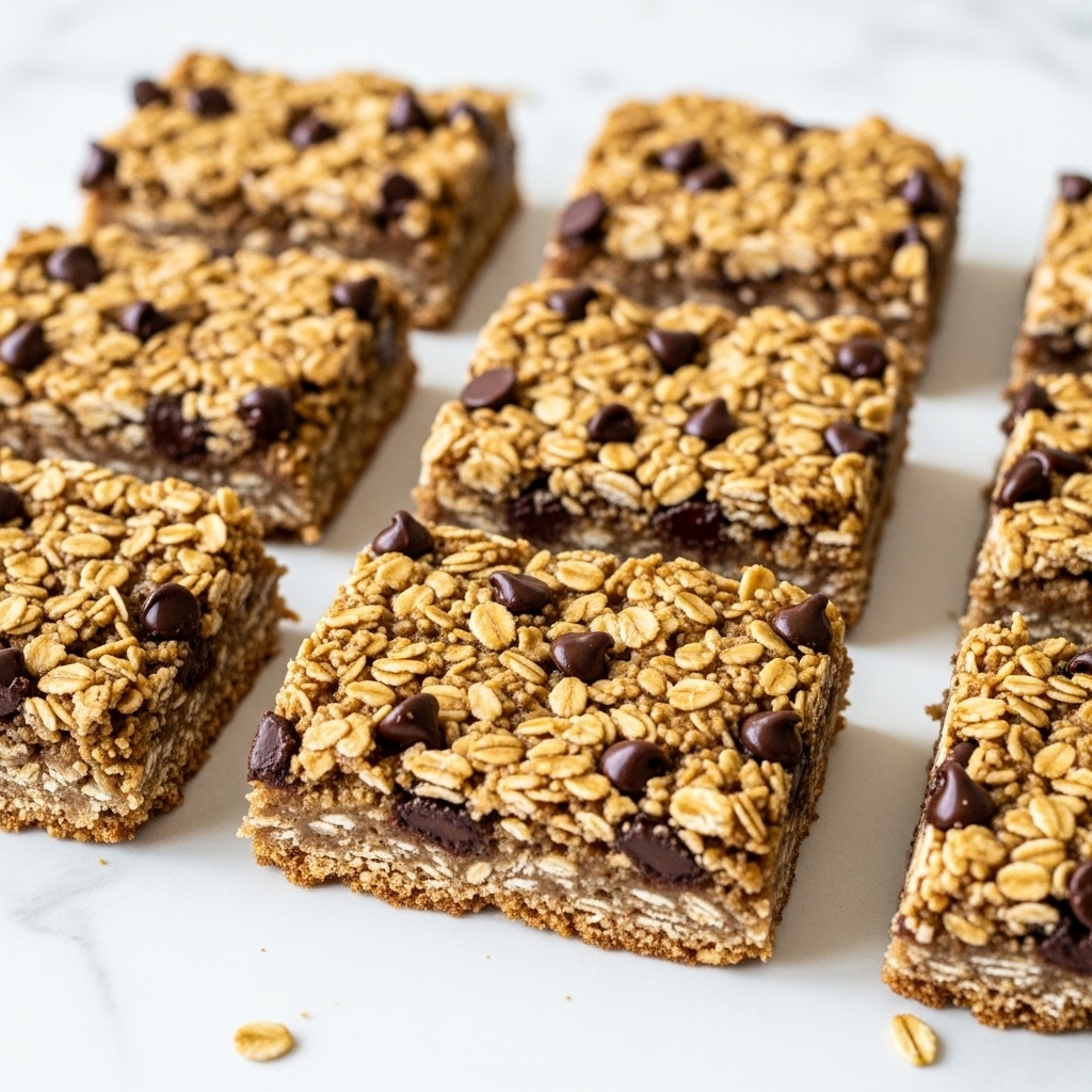 The image shows six rectangular oat bars scattered on white baking paper over a white marbled surface. Each bar has one thick layer made of light brown oats mixed with dark brown chocolate chips, giving a textured and chunky look. Some pieces are slightly angled, revealing rough edges with oats and chocolate chips visible. The oats are densely packed and uneven, showing a homemade style. The surface is clean and simple, highlighting the oat bars clearly. photo taken with an iphone --ar 4:5 --v 7