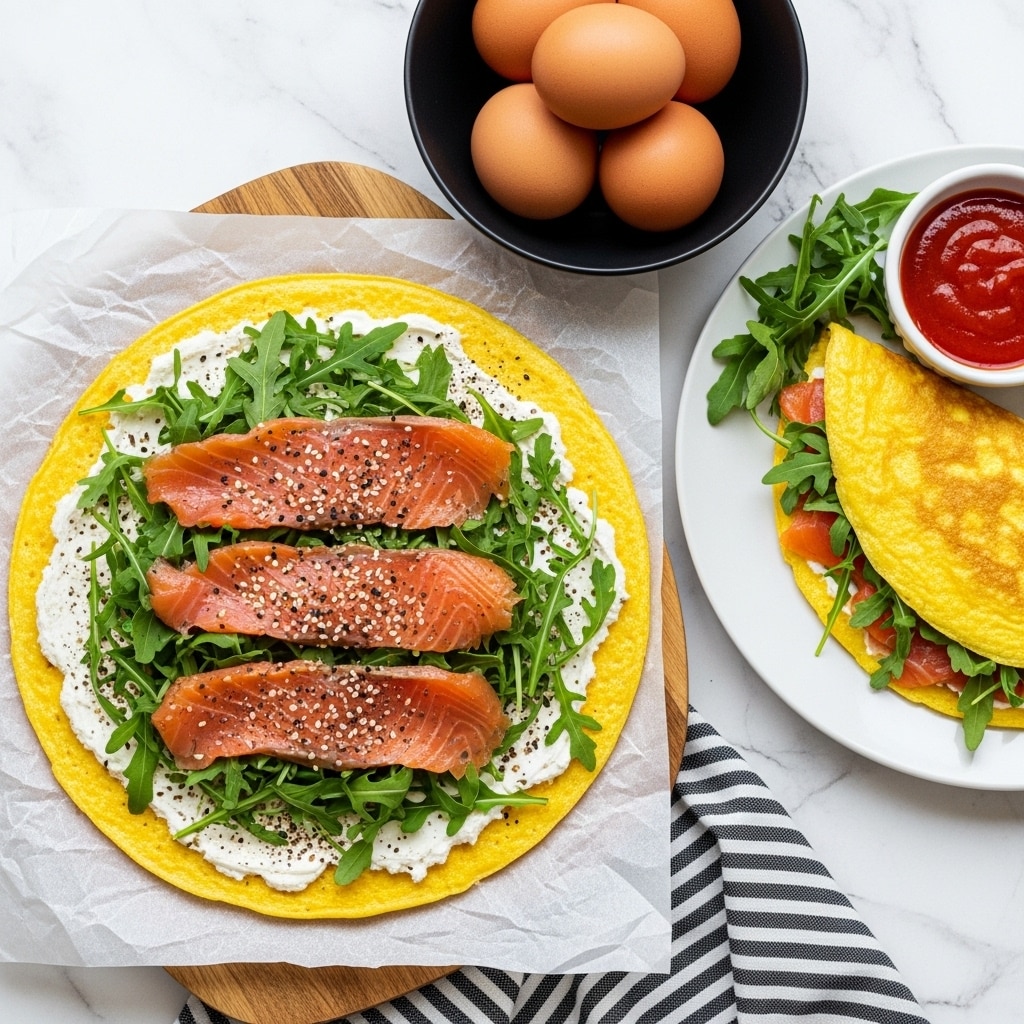 A bright yellow omelette base spread flat on wax paper, topped with a row of soft white cream cheese, thin orange-pink slices of smoked salmon, and scattered dark sesame seeds and crushed black pepper, garnished with fresh green arugula leaves in the center; beside it, a folded yellow omelette on a white plate with more arugula and a small white bowl of bright red sauce; a black bowl with four brown eggs is in the top corner, all set on a white marbled surface with a striped cloth nearby. photo taken with an iphone --ar 4:5 --v 7