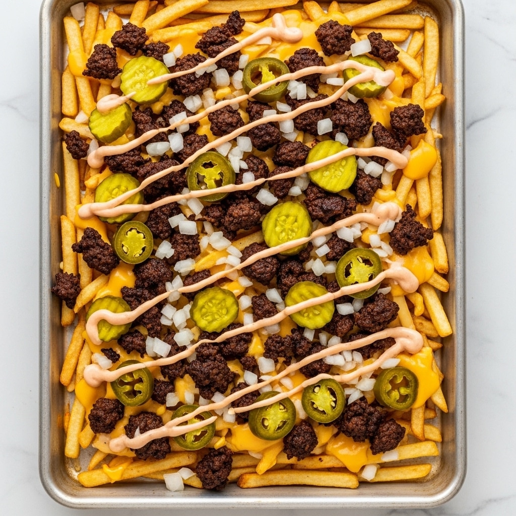 A white tray filled with a bottom layer of thin, crispy golden fries covered by a creamy light beige cheese sauce spread evenly on top. Scattered over the cheese sauce are small chunks of dark brown cooked burger meat with rough texture. Thin green round slices of jalapeño peppers and slightly translucent white diced onions are spread over all layers. Large, crinkle-cut, light green pickle slices with visible seeds are placed intermittently over the dish. A drizzle of a light pink creamy sauce adds another layer, resting lightly on the fries and meat. The tray is placed on a white marbled surface. Photo taken with an iphone --ar 4:5 --v 7
