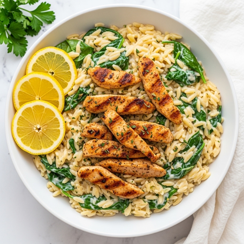 This dish is served in a white bowl over a white marbled surface. It has a base layer of creamy, off-white orzo pasta mixed with wilted green spinach leaves, creating a soft texture. On top, there are several pieces of golden-brown, grilled chicken strips with a slightly crispy outer layer. To the side inside the bowl, there are three bright yellow lemon slices adding a fresh garnish. The dish looks creamy with a light sauce coating the pasta and chicken, and is sprinkled lightly with green herbs. Photo taken with an iphone --ar 4:5 --v 7