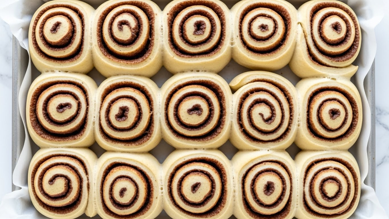 A tray filled with 15 cinnamon rolls arranged close together in three rows and five columns, each roll showing multiple layers of golden brown dough spiraled with a dark brown cinnamon sugar filling, the texture of the dough is soft and slightly fluffy, with some rolls having a slightly darker baked top and edges, all sitting on white parchment paper inside a black baking tray, photo taken with an iphone --ar 4:5 --v 7