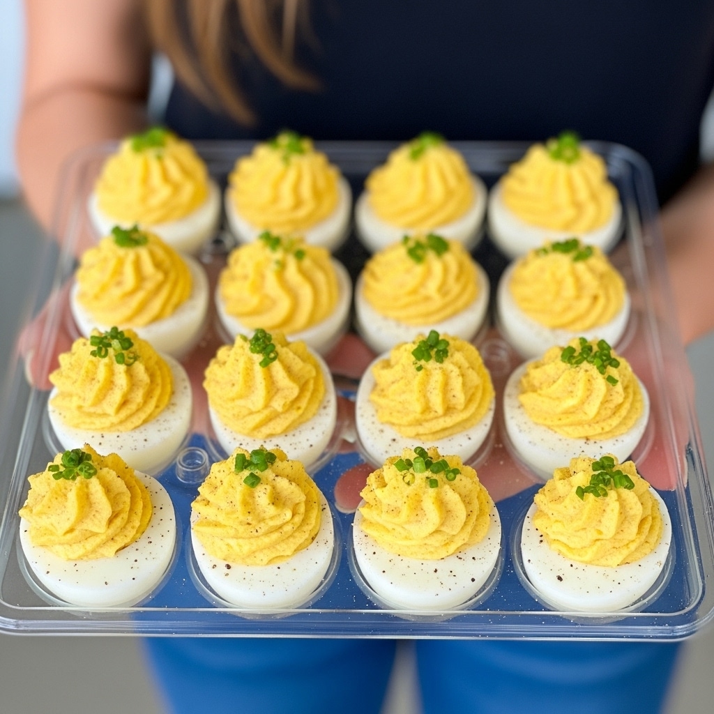 The image shows a plastic tray with fifteen deviled eggs neatly arranged in a 3 by 5 pattern. Each deviled egg has a smooth white egg white layer at the bottom, topped with a fluffy light yellow yolk mixture that has a creamy texture and is slightly swirled. Each egg is garnished with small green herb pieces placed on top and a sprinkling of black pepper. A woman's hand is holding the tray, and the background includes a colorful garment with pink flamingos and a white marbled surface in the view. photo taken with an iphone --ar 4:5 --v 7