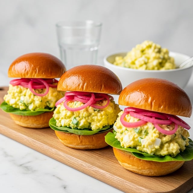 The image shows three small sandwiches placed side by side on a wooden board. Each sandwich has a shiny, soft golden-brown bun top. Under the bun top, there are curly pink pickled onion rings. Below the onions is a thick, creamy layer of egg salad mixed with green herbs, which looks soft and chunky. At the bottom, there is a fresh, green lettuce leaf resting on the bun base, which is golden brown and slightly shiny like the top. In the background, there is a blurry white bowl filled with yellowish egg salad and a clear glass of water on a white marbled textured surface. photo taken with an iphone --ar 4:5 --v 7