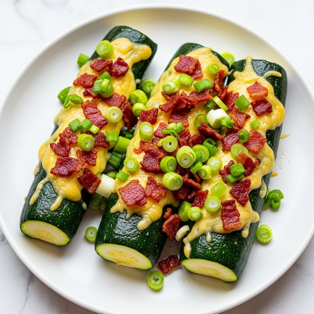 The image shows four green zucchini pieces peeled and chopped in half, arranged on a white plate with a glossy surface. Each zucchini piece is topped with a layer of melted light yellow cheese, scattered with small, crispy, brown and pink bacon bits. On top of the bacon, there is a generous sprinkle of chopped bright green spring onions. The plate sits on a white marbled texture surface. photo taken with an iphone --ar 4:5 --v 7