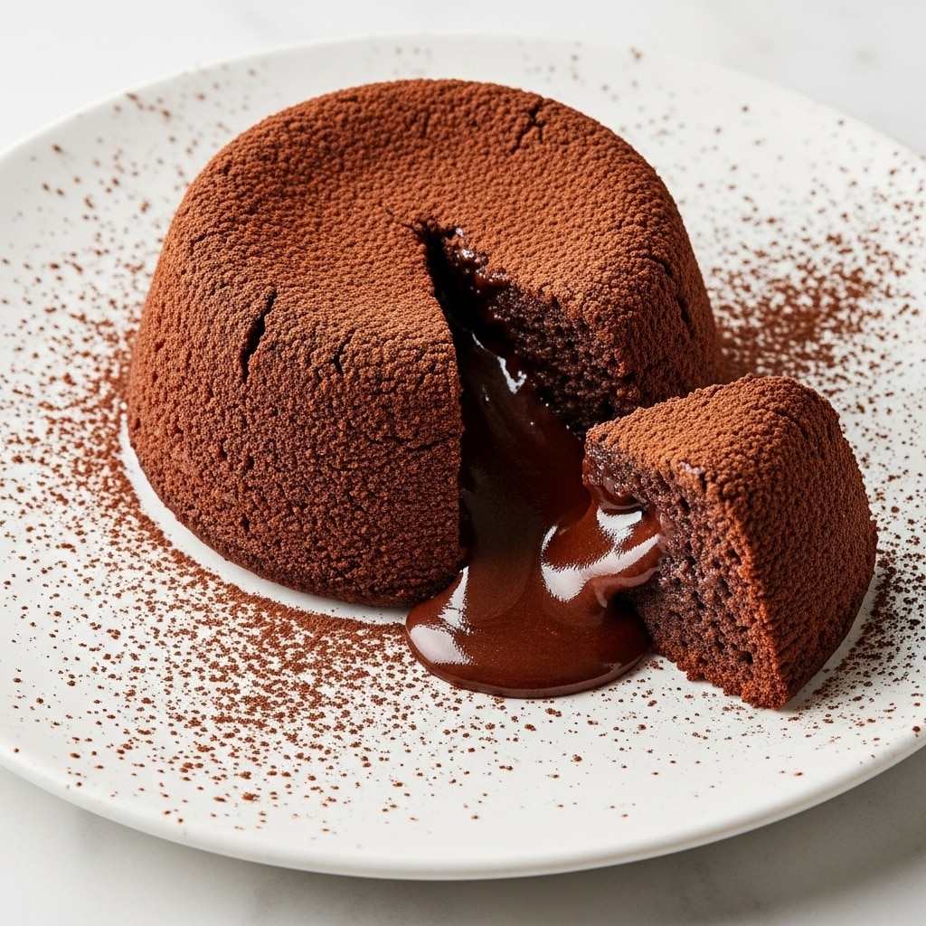 A round chocolate lava cake sits in the center of a white plate with a white marbled texture background, with a soft, cracked outer layer in dark brown. The top surface is dusted evenly with cocoa powder, while the middle is broken, revealing a thick, glossy, molten chocolate lava flowing out onto the plate. The lava has a smooth shiny texture and pools around the base of the cake, blending seamlessly with the cocoa dust on the plate edges. photo taken with an iphone --ar 4:5 --v 7