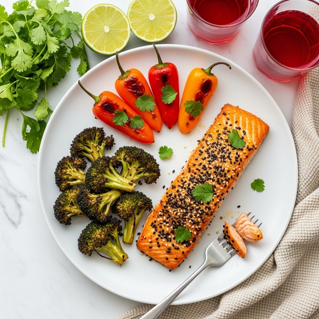 The image shows a white round plate on a white marbled surface with a cooked salmon fillet as the main layer, its light orange skin crisped with small black sesame seeds scattered on top along with fresh green cilantro leaves. To the left of the salmon are three grilled mini bell peppers in red, orange, and yellow colors, shiny with slight char marks. Next to the peppers, there is a serving of roasted broccoli florets with some crispy browned edges. A silver fork is placed partially on the salmon, holding a small bite-sized piece of the fish. Around the plate, there are garnishes including a half lime, some leafy cilantro, two red drinks in glasses, and a beige textured cloth. Photo taken with an iphone --ar 4:5 --v 7
