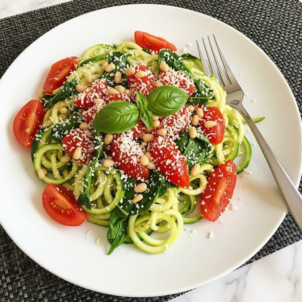 A white plate holds a colorful salad with several layers: the base is green and light-yellow spiralized zucchini noodles mixed with bright red cherry tomato halves. Fresh dark green basil leaves are scattered on top along with shredded pale yellow cheese and small beige pine nuts. A metal fork rests on the right side of the plate. The plate is placed on a woven brown placemat, and the photo has a white marbled texture background. photo taken with an iphone --ar 4:5 --v 7