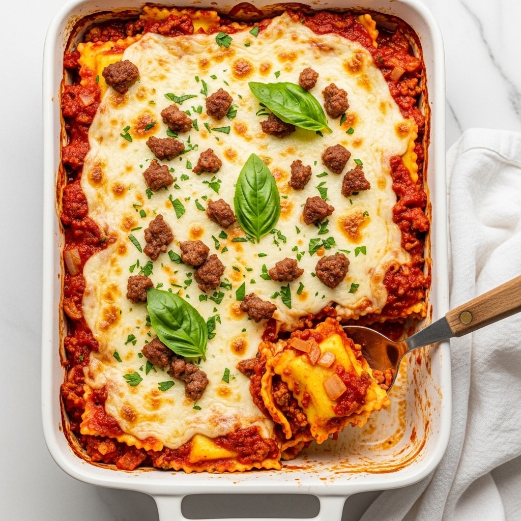 A white rectangular baking dish filled with a layered lasagna showing four main layers: the bottom layer with a rich red tomato sauce mixed with browned ground meat, above this vibrant red sauce layer is tender ravioli pasta pockets with a slight shine, then a thick middle layer of melted mozzarella cheese with a smooth and gooey white texture, topped with scattered browned bits of ground meat and finely chopped green herbs, garnished with a fresh basil leaf in the top corner, a rustic metal spoon with a wooden handle is scooping out some ravioli on the right side, all placed on a white marbled surface. photo taken with an iphone --ar 4:5 --v 7