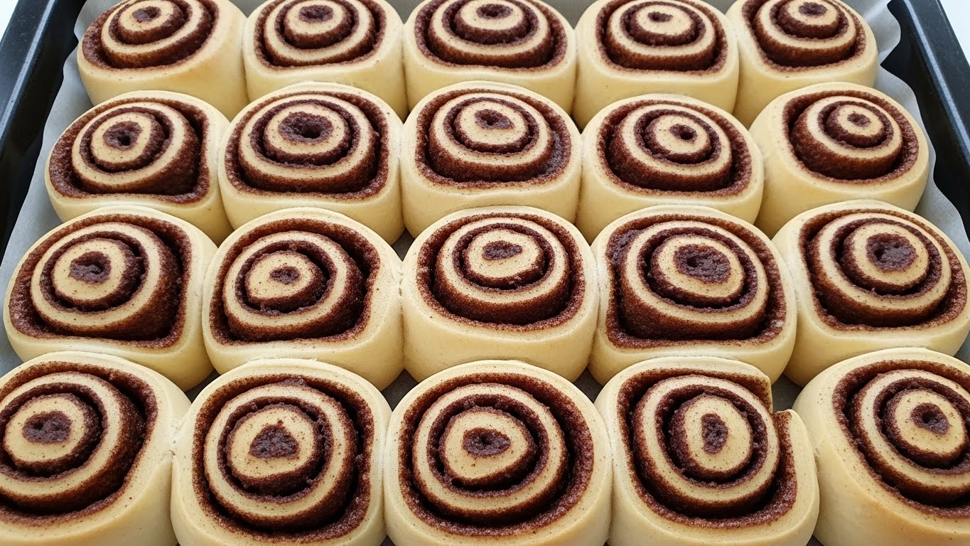 The image shows a baking tray filled with fifteen golden-brown cinnamon rolls arranged closely in a 3 by 5 layout. Each roll has a visible spiral pattern with a dark brown cinnamon filling layered within the soft, light, and slightly fluffy dough. The outer edges of the rolls are lightly browned and have a baked texture. The rolls vary slightly in size and shape, with some appearing more rounded at the top while others are flatter. The tray is lined with white parchment paper that peeks out over the edges, and the background is a white marbled texture. Photo taken with an iphone --ar 4:5 --v 7
