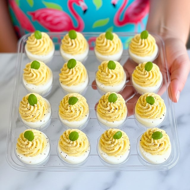 A clear plastic tray holds sixteen deviled eggs arranged in four rows and four columns. Each egg is cut in half with a smooth white egg white base, topped with a dollop of bright yellow, creamy yolk filling that has a slightly fluffy texture. Small green garnishes, likely chives, are placed on top of each yolk mound, adding a fresh touch and a contrasting color. The eggs are sprinkled with a light touch of black pepper, enhancing the visual detail. A woman's hand is holding the tray against a blurred background. photo taken with an iphone --ar 4:5 --v 7