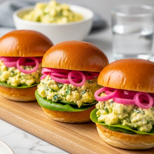 The image shows three small sandwiches placed side by side on a wooden board over a white marbled surface. Each sandwich has four layers: the bottom layer is a golden-brown, shiny, soft bun; on top of that is a fresh green leaf of lettuce; followed by a thick scoop of creamy, yellow egg salad mixed with bits of green herbs; the top layer is a matching bun with a shiny golden-brown finish. On the egg salad, there are thinly sliced, bright pink pickled onions forming loose loops. In the background, a white bowl filled with more egg salad and a glass of water are slightly out of focus. photo taken with an iphone --ar 4:5 --v 7