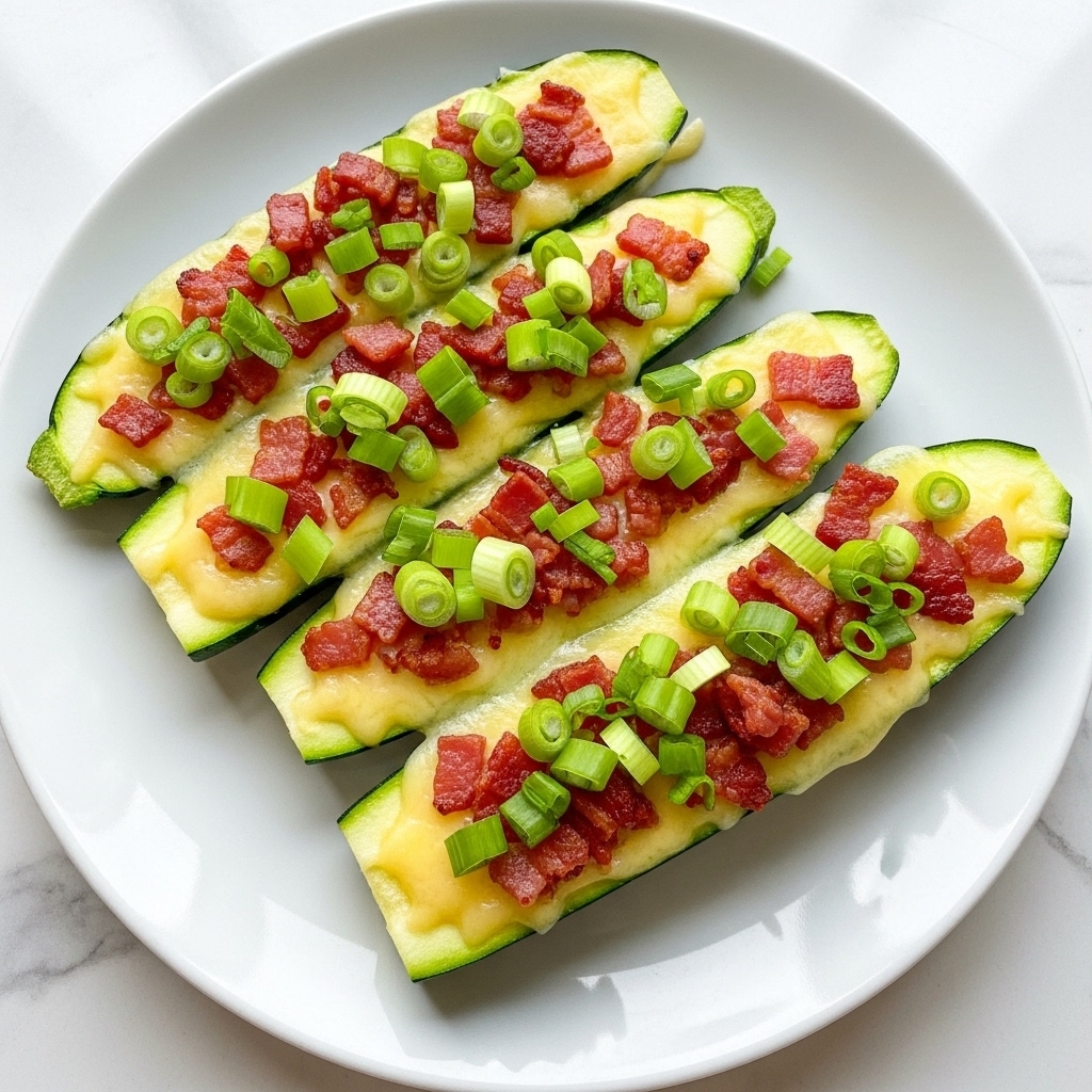 The dish shows three sliced green zucchinis laid on a white plate with a white marbled texture background. Each zucchini piece has a dark green shiny skin layer with a pale yellow soft inside exposed at the bottom. On top of the zucchinis, there is a layer of melted pale yellow cheese, sprinkled with small crispy reddish-brown bacon bits and fresh green chopped scallions, adding color and texture contrast to the dish. The toppings are distributed unevenly, creating a vibrant mix of colors and textures. Photo taken with an iphone --ar 4:5 --v 7