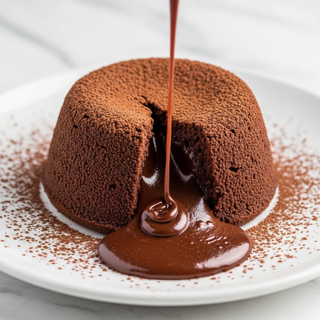 A round chocolate lava cake sits in the center of a white plate with a white marbled texture under it. The cake has a soft, cracked outer layer dusted with cocoa powder, giving it a rich dark brown color. A wedge is cut out from the side, revealing flowing, glossy melted chocolate lava that pools onto the plate. The plate around the cake is decorated with a fine dusting of cocoa powder creating a speckled pattern. photo taken with an iphone --ar 4:5 --v 7
