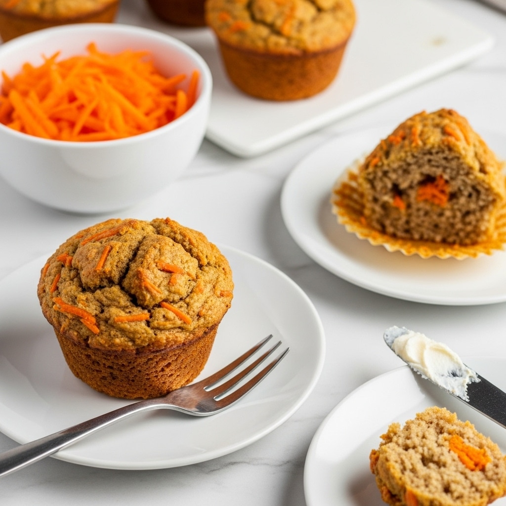 The image shows a close-up of a golden-brown baked muffin with an uneven, rough texture on a white plate, accompanied by a silver fork resting on the edge. Nearby, a white plate contains a triangular piece of the same muffin, revealing an inside mix of light brown crumb with shredded orange carrot pieces visible. To the side, a white bowl holds bright orange shredded carrots, and another white plate has a small bite of the muffin beside a knife with white spread on its tip. All dishes sit on a white marbled surface. Photo taken with an iphone --ar 4:5 --v 7
