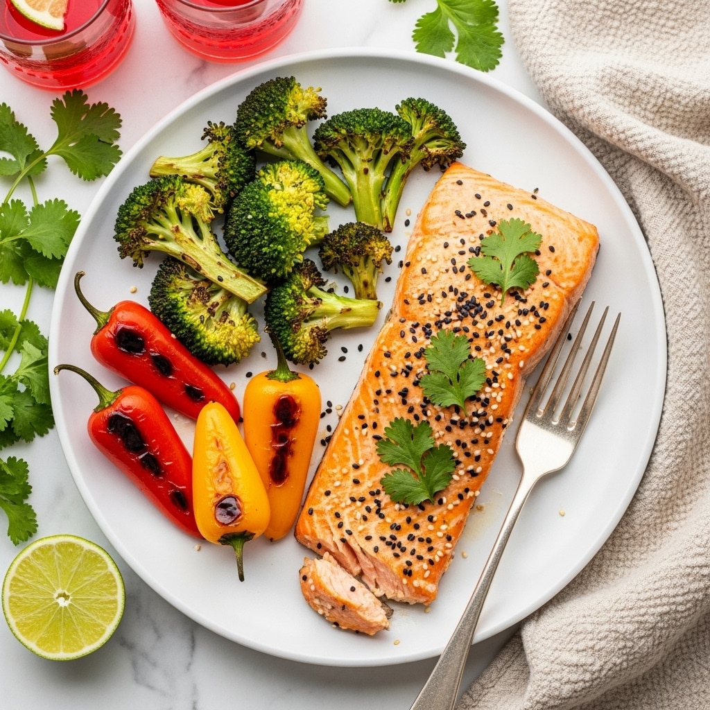 A white plate holds a cooked salmon fillet topped with black sesame seeds and small green parsley leaves; the salmon is golden-brown with a slightly crispy texture. To the left of the salmon, there is a small pile of roasted broccoli florets with charred edges, showing a mix of dark green and brown colors. Above the broccoli, there are four roasted mini bell peppers in red and orange shades with slight charring, garnished with small parsley leaves. A silver fork at the bottom right of the plate holds a small piece of the salmon. The plate rests on a white marbled surface, with two halved limes, a bunch of cilantro, two glasses filled with a red drink, and a beige textured cloth placed around it. Photo taken with an iphone --ar 4:5 --v 7