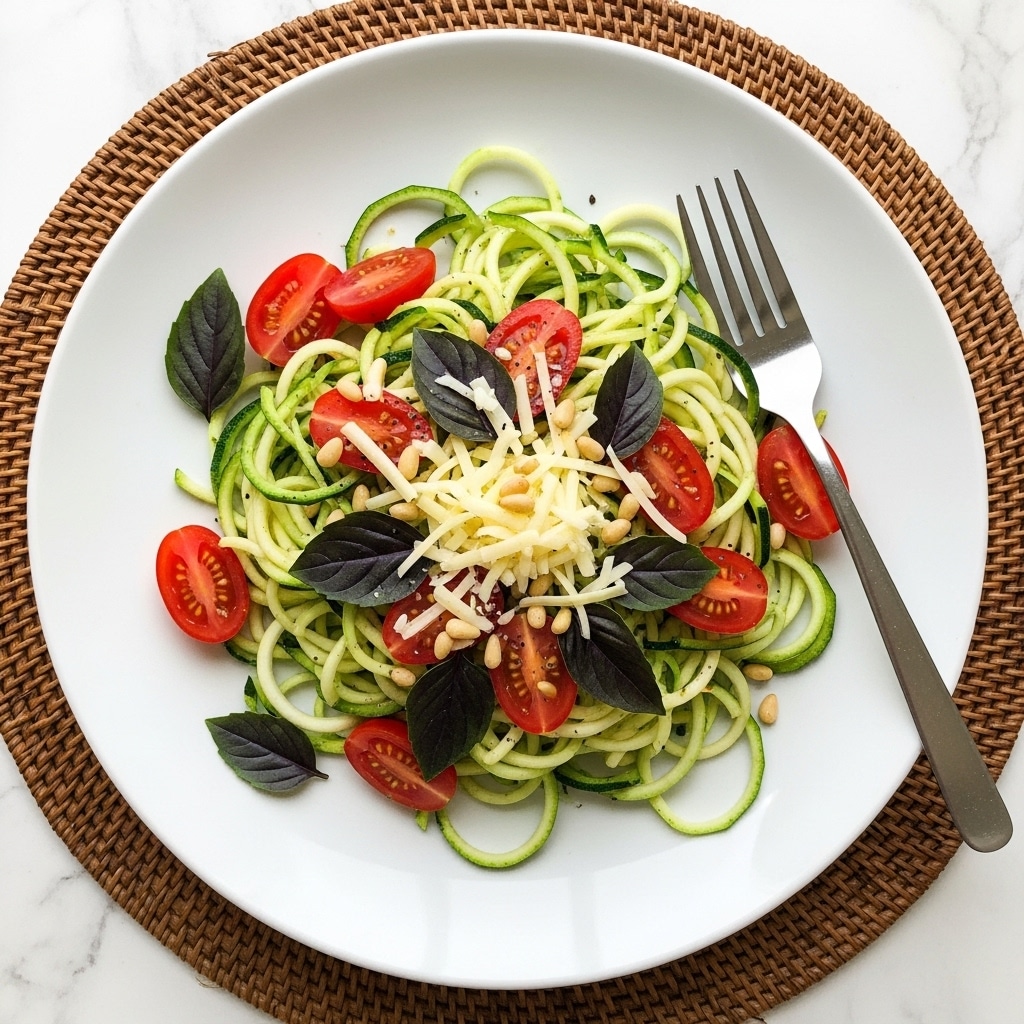 A white plate with a pile of zucchini noodles as the base layer, light green with a slightly curly texture. Mixed in are bright red cooked tomatoes cut into small pieces, scattered throughout the noodles. On top, fresh green basil leaves add a pop of color. Pine nuts are sprinkled over the entire dish, small and pale beige. A light dusting of shredded white cheese is spread evenly on top. A silver fork rests on the right edge of the plate. The plate is set on a dark woven placemat with a white marbled surface beneath. photo taken with an iphone --ar 4:5 --v 7
